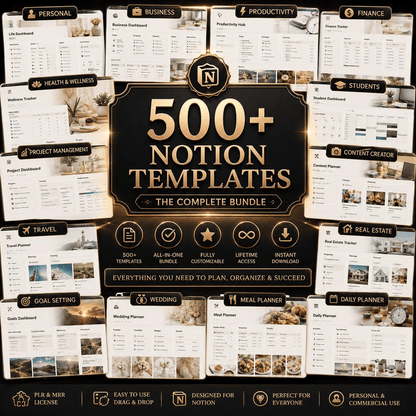 500+ Notion Templates Bundle PLR & Master Resell Rights MRR - Editable Planners | Instant Download