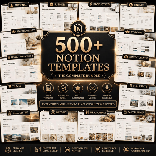 500+ Notion Templates Bundle PLR & Master Resell Rights MRR - Editable Planners | Instant Download